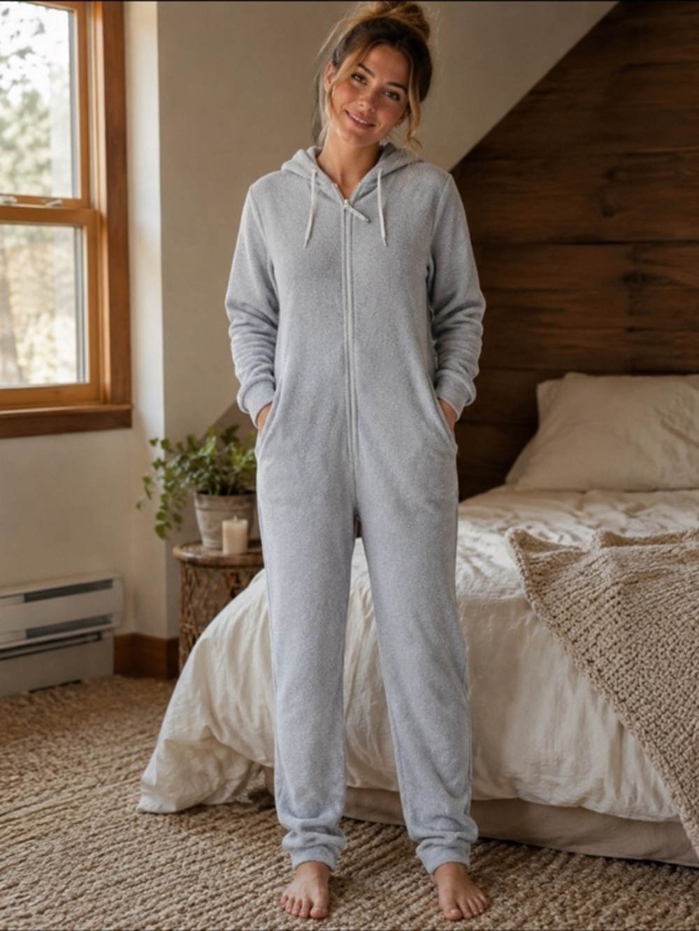 Forever Lazy Gray Fleece Hooded One-Piece Pajama Jumpsuit Size Small